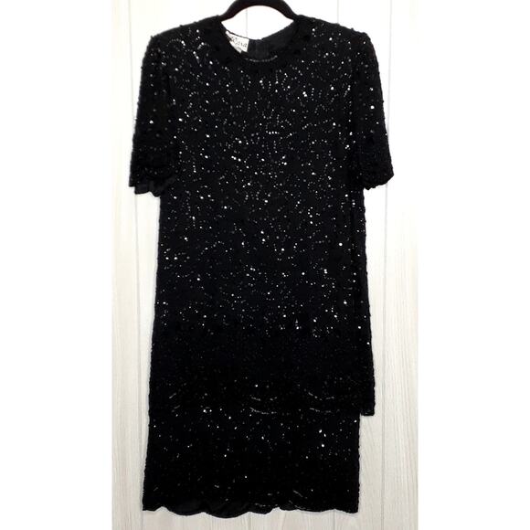 JKara Vintage Black 100% Silk Tiered Highly Embellished Lined Size Large - Picture 1 of 6